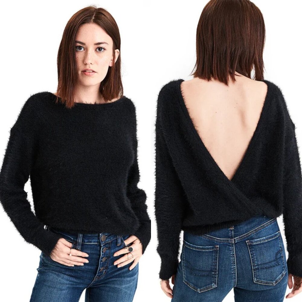American Eagle Fuzzy Eyelash Back Surplice Sweater XS Black - Picture 1 of 11